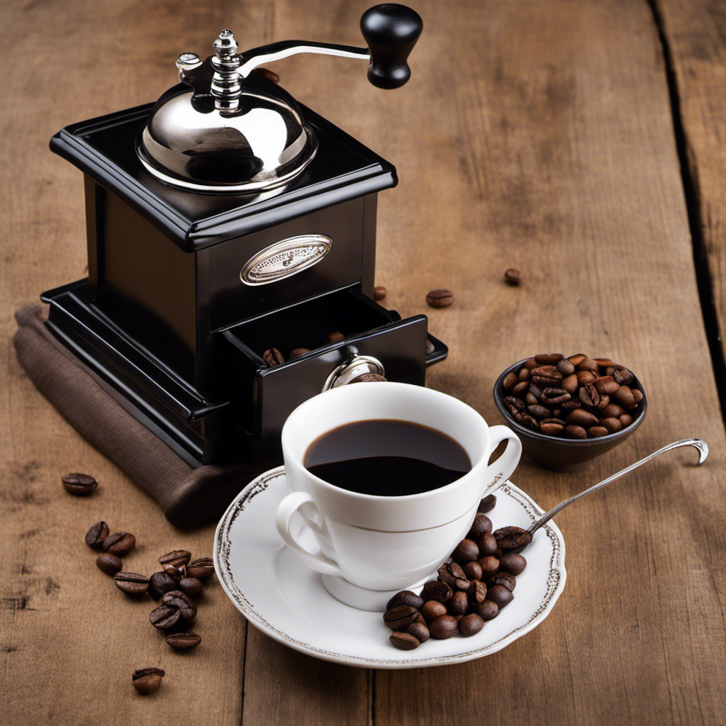 An image featuring a rustic wooden table adorned with a vintage coffee grinder, where freshly ground roasted chicory root spills out onto a delicate porcelain cup filled with rich, dark liquid