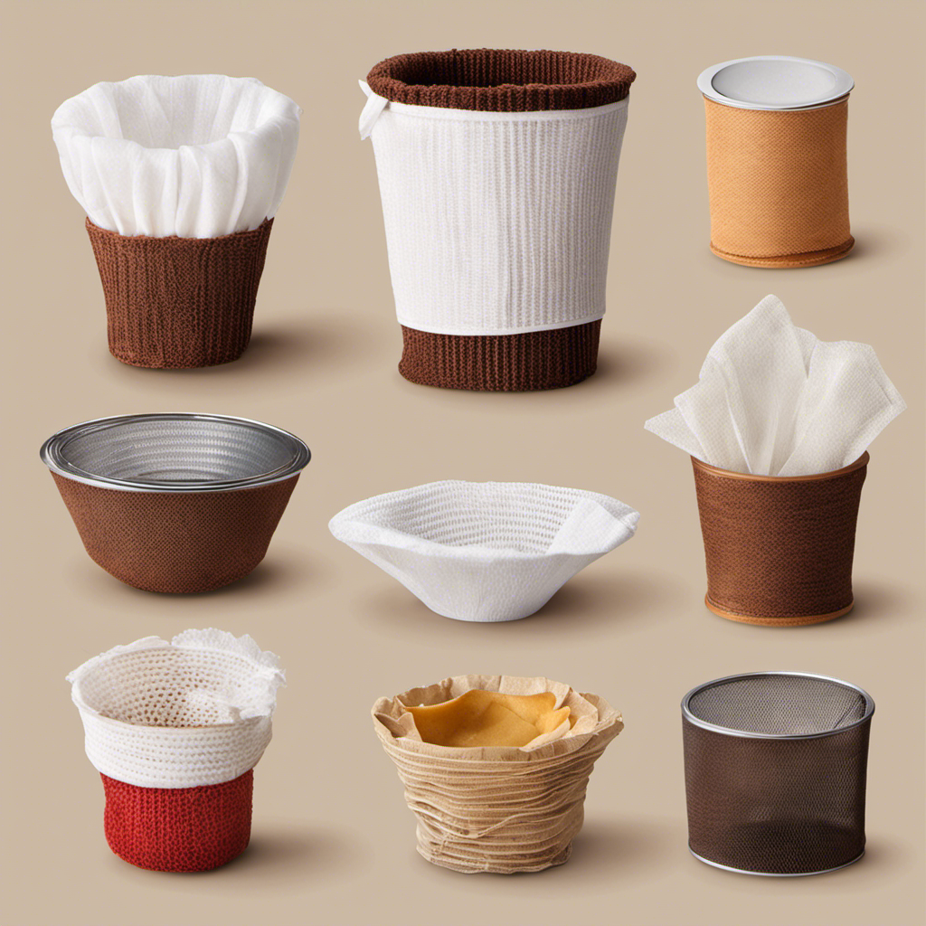 An image showcasing an array of creative alternatives for a coffee filter: a clean sock, cheesecloth, a fine-mesh sieve, and a paper towel neatly folded, all neatly lined up next to a steaming cup of coffee