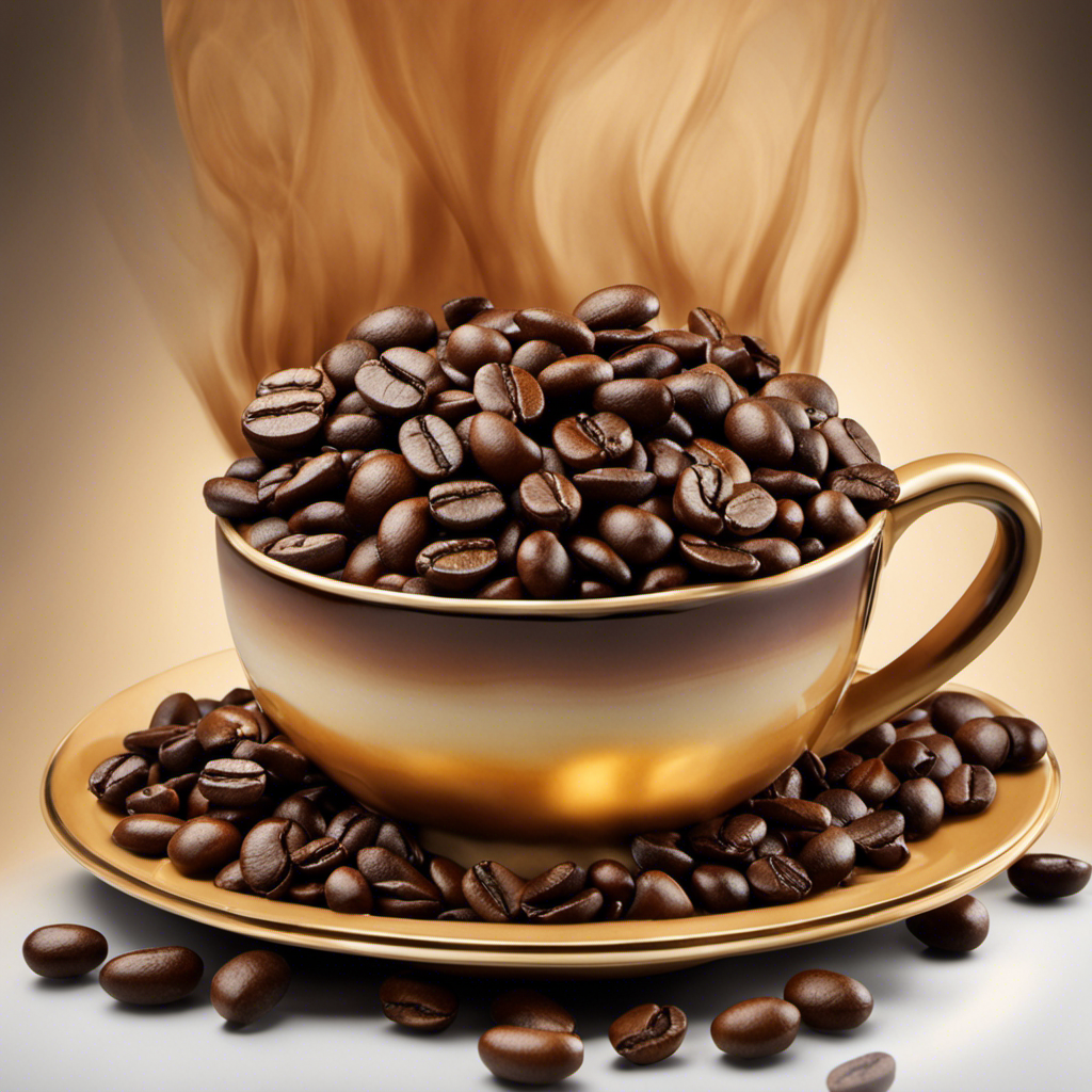 An image that showcases a vibrant medley of coffee beans, ranging from earthy brown to rich onyx, nestled beside a gleaming coffee cup brimming with steam