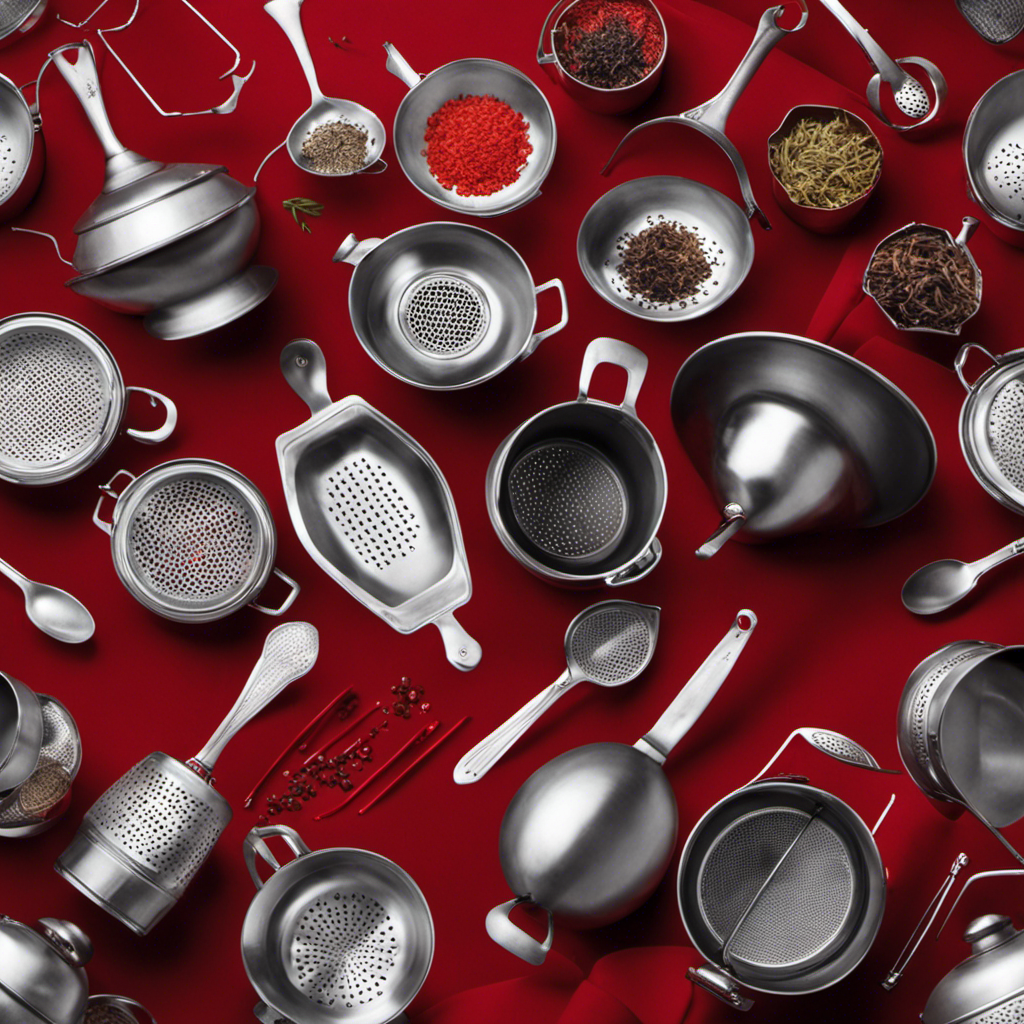 An image showcasing a variety of utensils like aluminum pots, plastic strainers, and metal spoons, crossed out with a bold red "X," emphasizing what not to use when making herbal tea