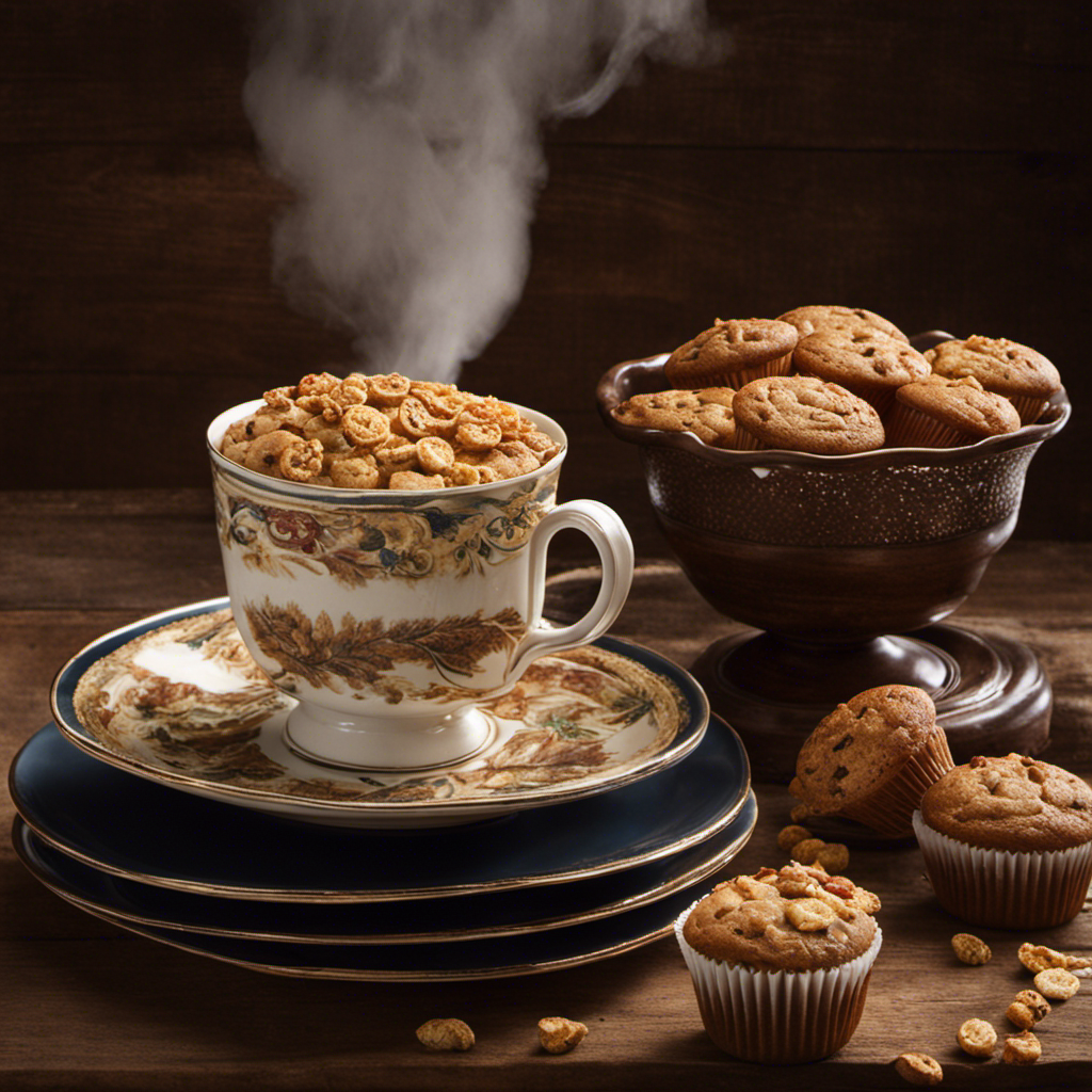 An image showcasing a vintage kitchen scene with a steaming cup of rich, dark Postum cereal placed on a charmingly patterned saucer, surrounded by a stack of freshly baked whole wheat muffins