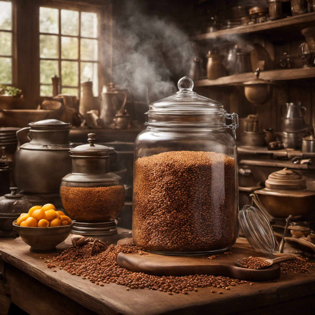 An image featuring a vintage kitchen scene with a glass jar filled with roasted grains, chicory, and molasses, as well as a steaming cup of Postum being poured, showcasing its original ingredients