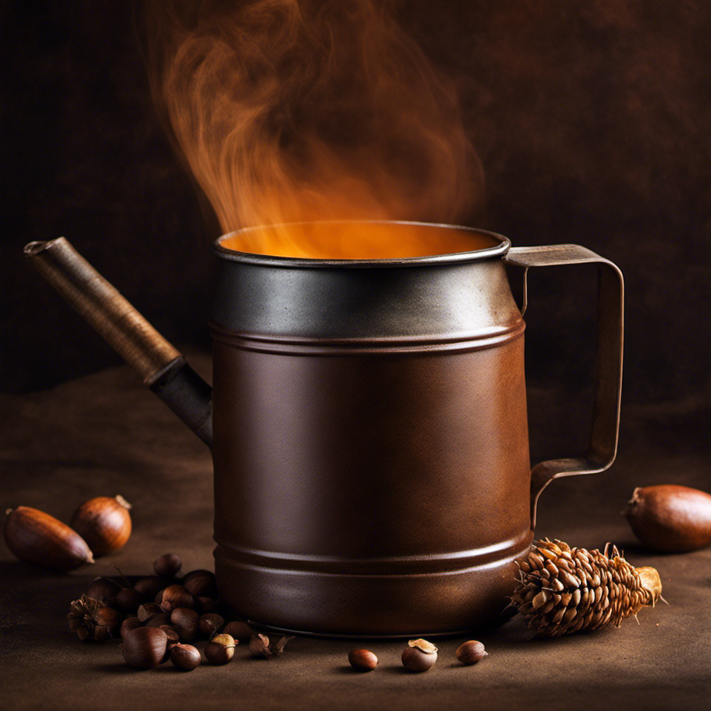 An image that showcases a rusty tin mug filled with a steaming, earthy brew made from acorns, chicory roots, and roasted barley, reminiscent of the coffee substitute cherished by WWII soldiers