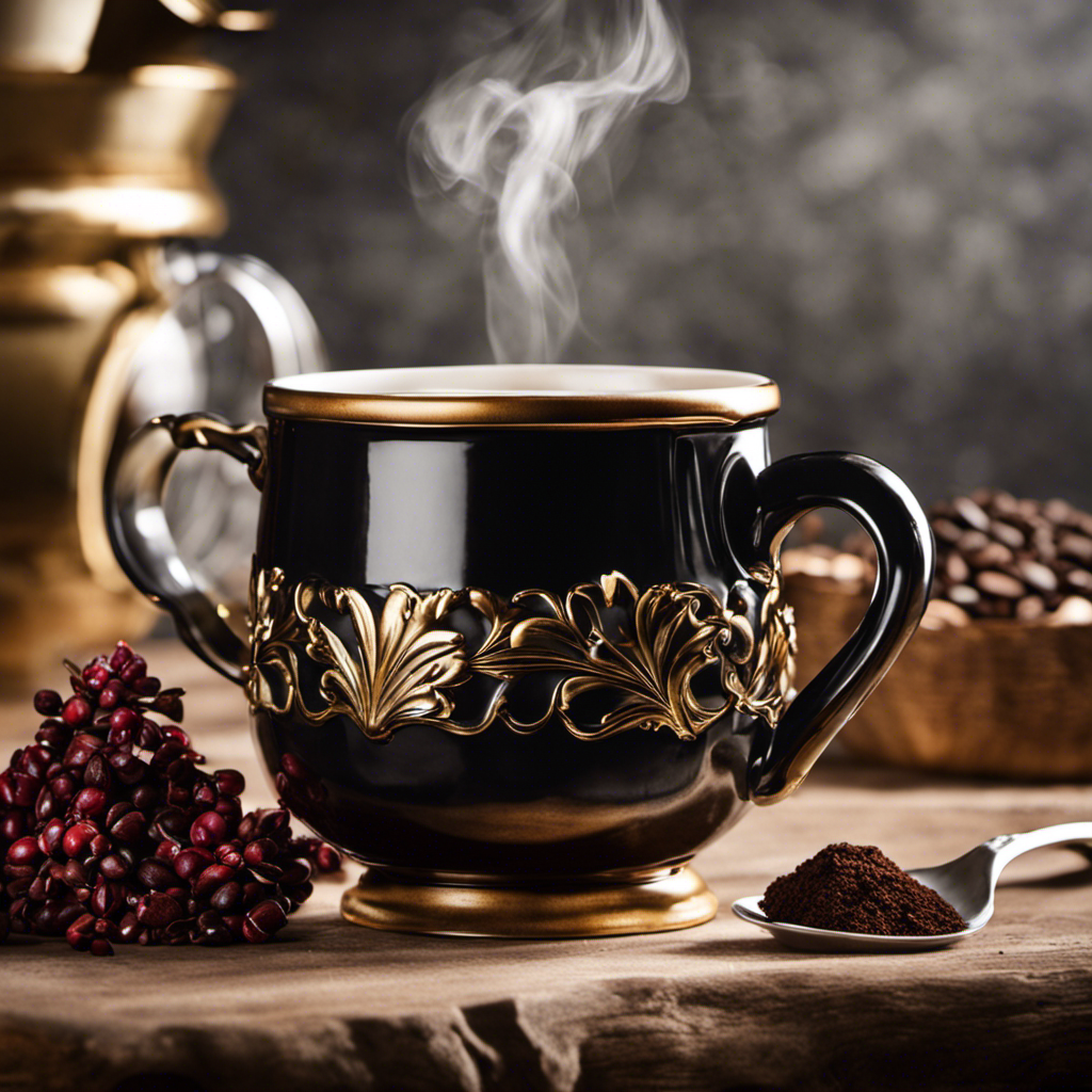 An image showcasing a quaint vintage coffee mug filled with a rich, dark brew made from chicory roots