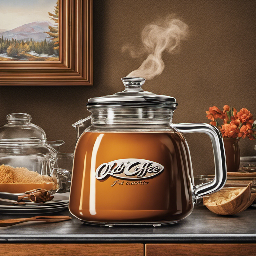 An image that captures the nostalgic essence of the 70s, featuring a retro kitchen countertop adorned with a steaming cup of a dark, rich liquid poured from a vintage glass jar labeled "Old Coffee Substitute
