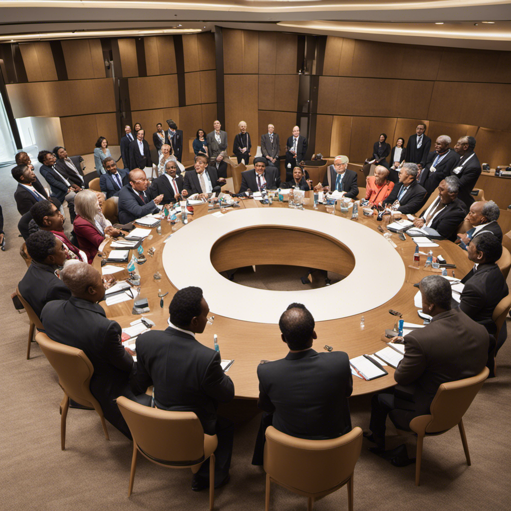 An image featuring a diverse group of international delegates engaged in deep, animated discussions around a large round table