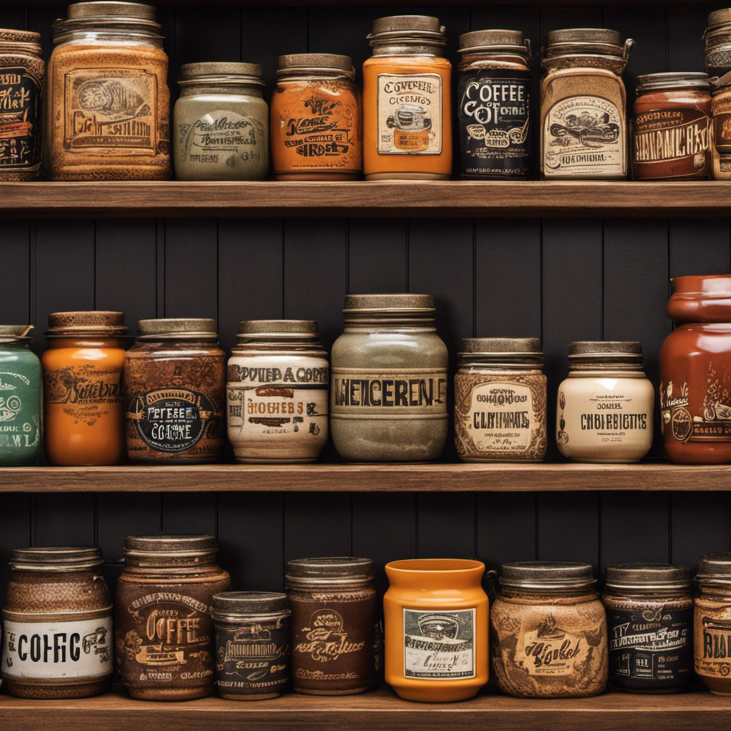 An image of a cozy kitchen countertop adorned with a variety of vintage coffee mugs, surrounded by shelves stacked with jars of aromatic coffee substitutes, showcasing different brands and prices