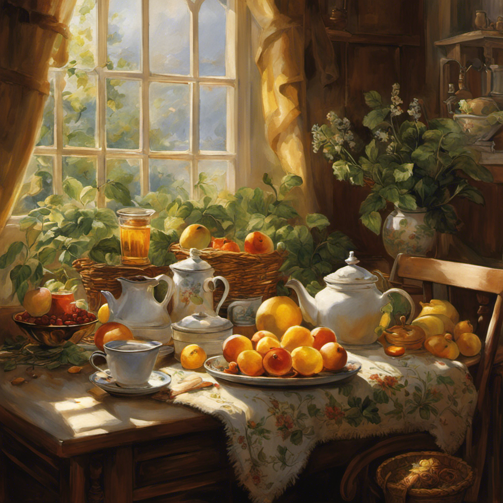 An image that portrays a serene, sunlit kitchen with a steaming cup of aromatic herbal tea gently releasing tendrils of steam