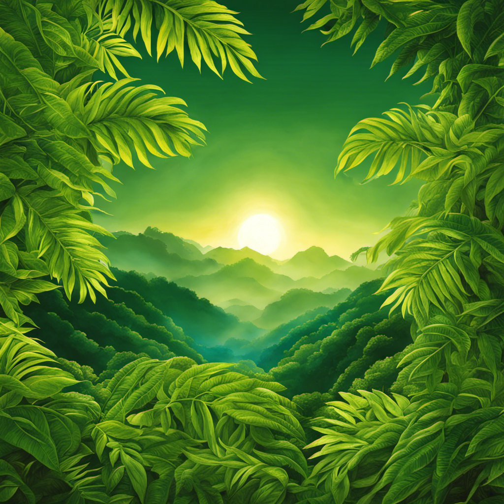 An image showcasing the vibrant green leaves of Yerba Mate Guayaki, gently swaying in the wind as sunlight filters through the dense forest, evoking a sense of tranquility and natural beauty