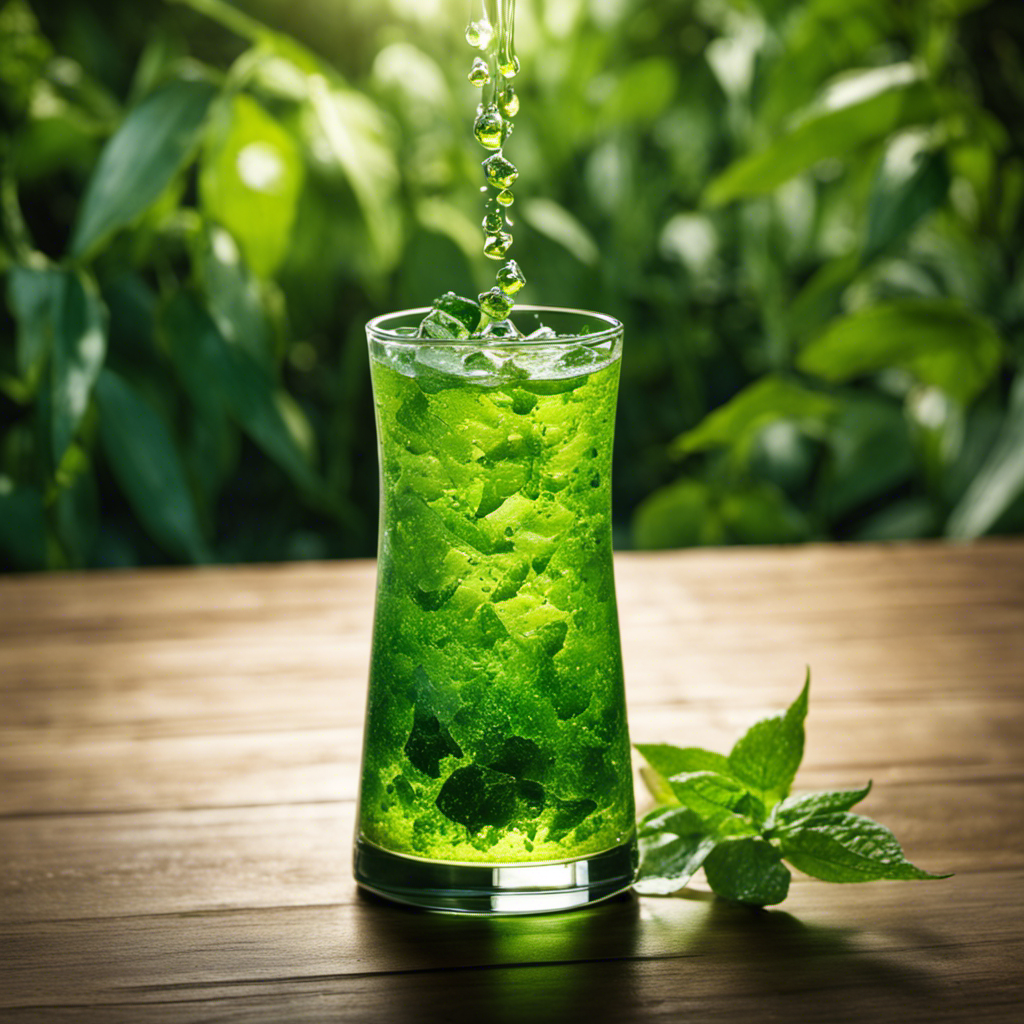 An image that showcases a glass filled with ice-cold, vibrant green Yerba Mate, condensation dripping down its sides, while sunlight glistens through the translucent liquid, evoking a refreshing and invigorating sensation
