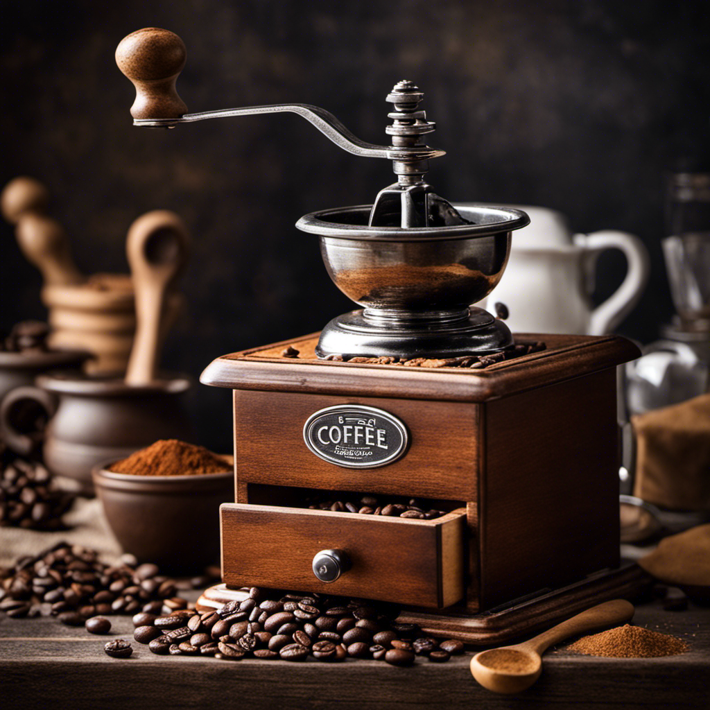 An image showcasing a vintage coffee grinder on a rustic kitchen countertop, surrounded by a bag of Pero, a measuring spoon, and a bowl of finely ground Pero coffee substitute