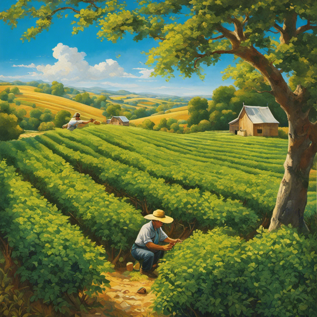 An image depicting a serene rural landscape under a clear blue sky, where a farmer gracefully plucks mature, vibrant green Yerba Mate leaves from the tall, leafy bushes at the perfect moment of harvest