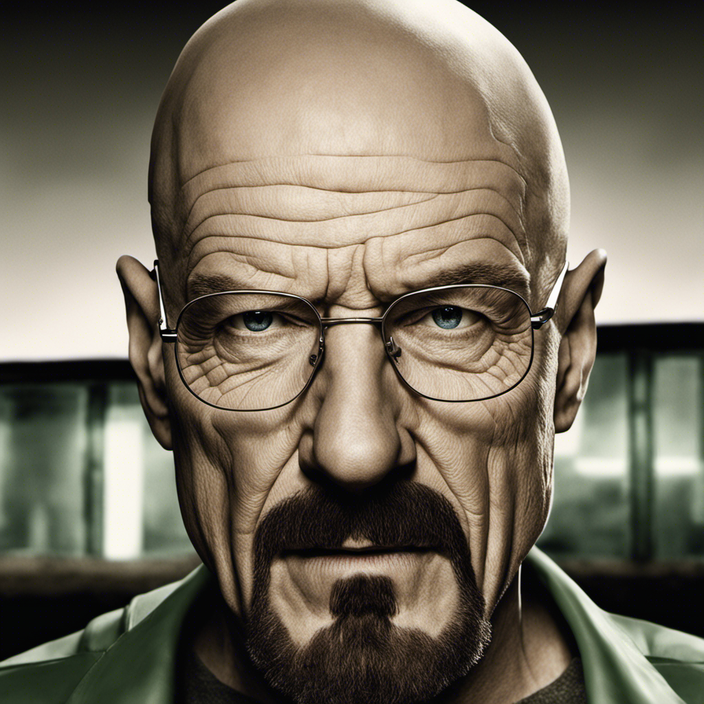 An image that captures Walter White's transformation in Breaking Bad, depicting a close-up of his smooth, freshly shaved head, showcasing the stark contrast between his former appearance and his newfound identity as Heisenberg
