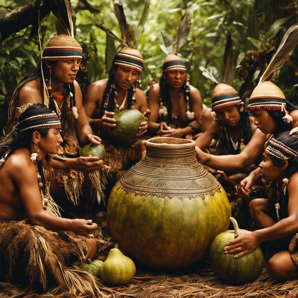 An image showcasing the historical emergence of yerba mate, depicting indigenous South American tribes communing around a steaming gourd, passing it among themselves as a symbol of cultural significance