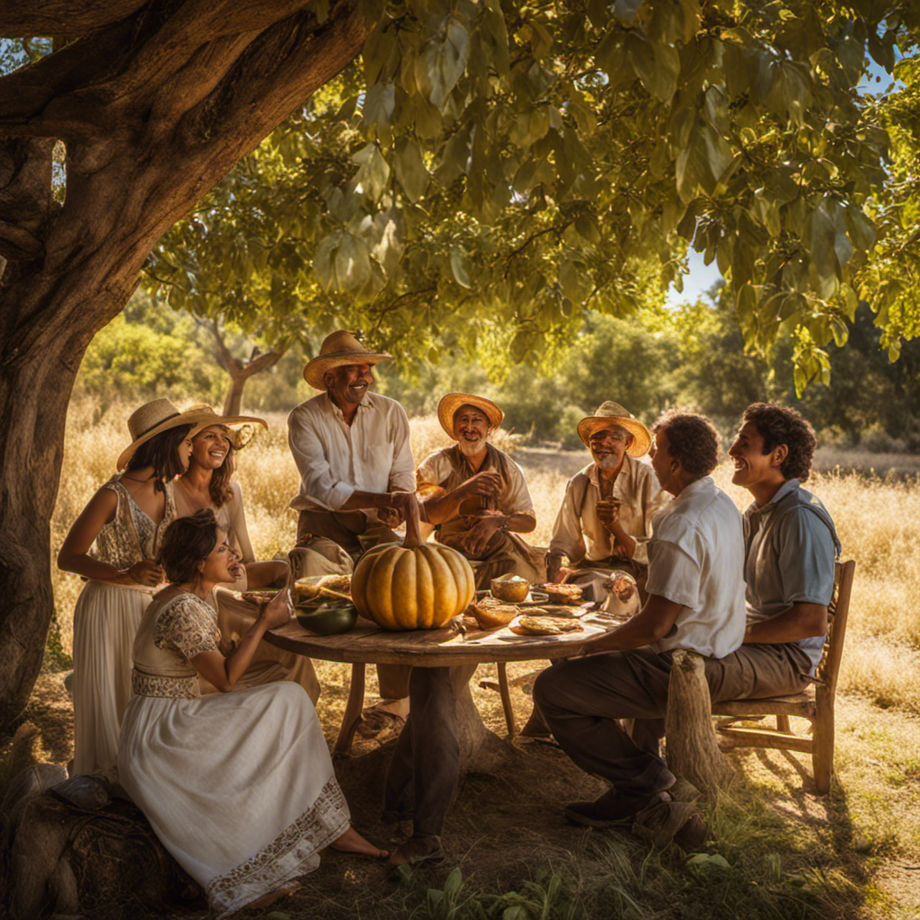 An image capturing a sunny afternoon in Argentina, showcasing a group of friends gathered under the shade of a leafy tree, passing around a traditional gourd filled with aromatic yerba mate, their smiling faces radiating warmth and camaraderie