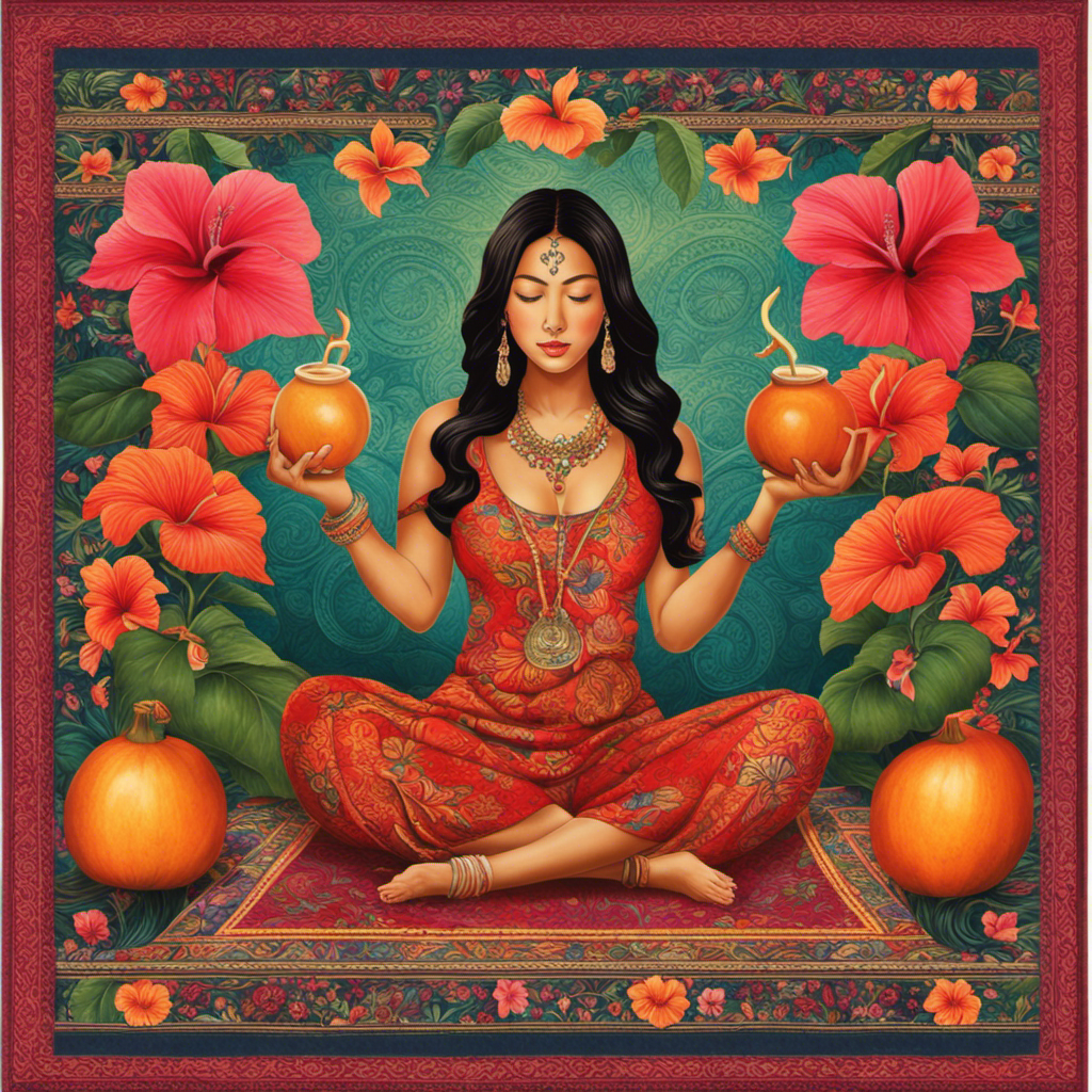 An image featuring a woman sitting cross-legged on a vibrant, patterned mat, sipping yerba mate from a gourd, surrounded by blooming hibiscus flowers and a subtle aroma wafting from her glowing, contented face