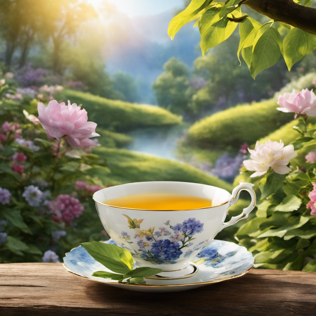 An image showcasing a serene morning scene: a delicate porcelain teacup filled with warm oolong tea, gently steaming amidst a tranquil garden backdrop with blooming flowers and soft sunlight filtering through lush green leaves