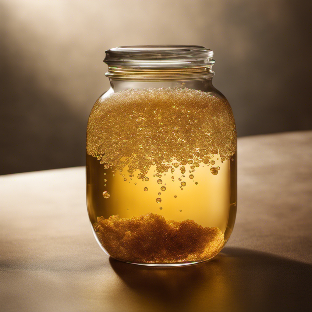 An image capturing a glass jar filled with a partially translucent, golden-hued liquid