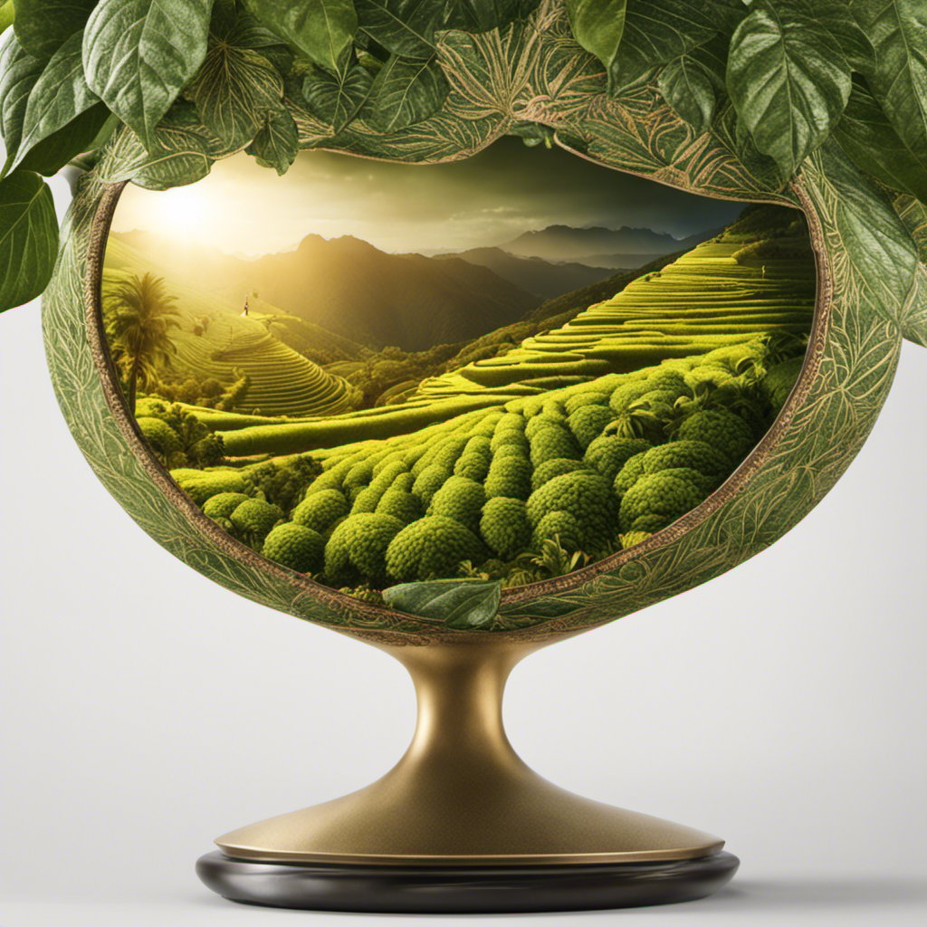 An image showcasing a sunlit South American landscape with rolling hills covered in lush green yerba mate plants, adorned with ripe, vibrant leaves