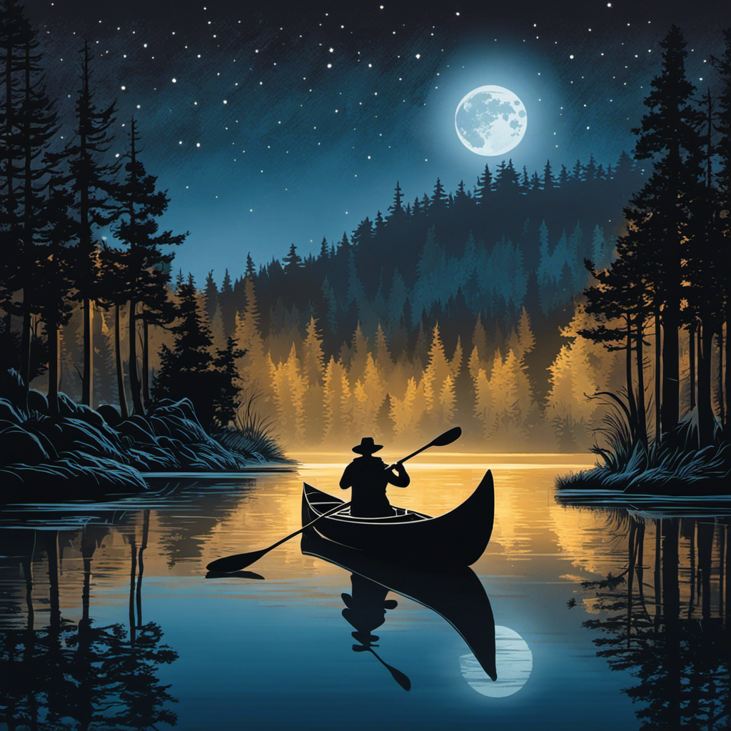 An image capturing the ethereal beauty of paddling a canoe at night