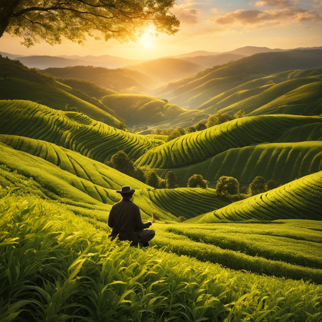 An image showcasing a serene scene of a sunrise over rolling hills, with a person sitting cross-legged, savoring a steaming cup of oolong tea, as golden sunlight filters through the leaves