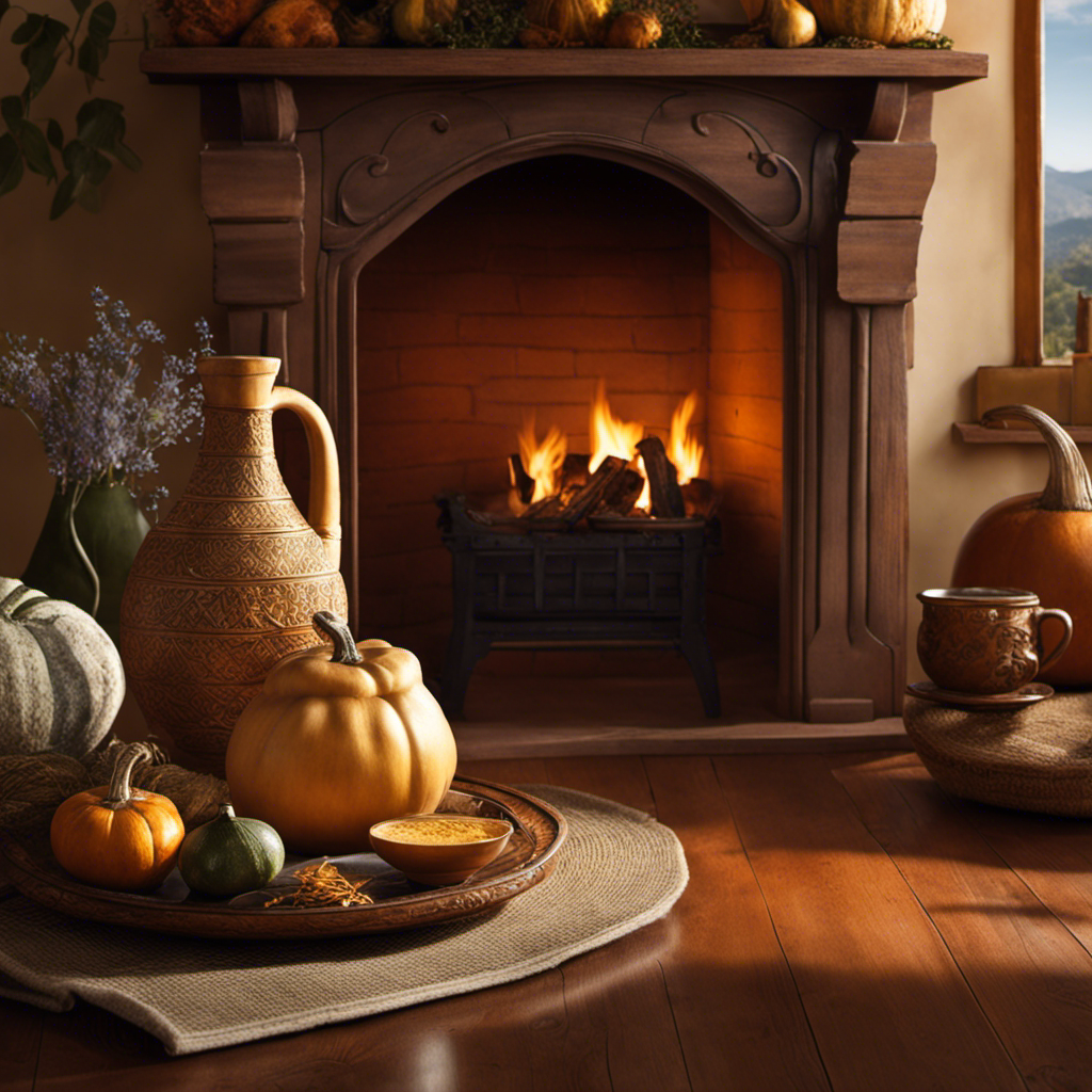 An image featuring a serene morning scene by a cozy fireplace, where sunlight gently filters through the curtains, illuminating a traditional gourd and bombilla, accompanied by a steaming cup of yerba mate