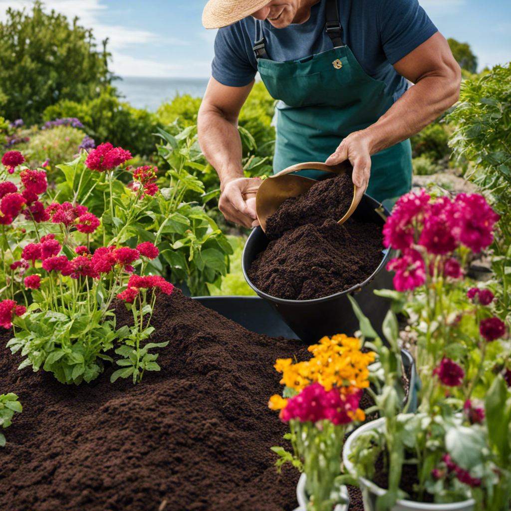 An image depicting a gardener pouring dark brown compost tea onto a thriving garden bed