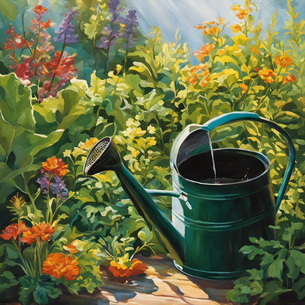 An image showing a gardener pouring a rich, dark kelp tea into a watering can, with vibrant green plants eagerly reaching towards it