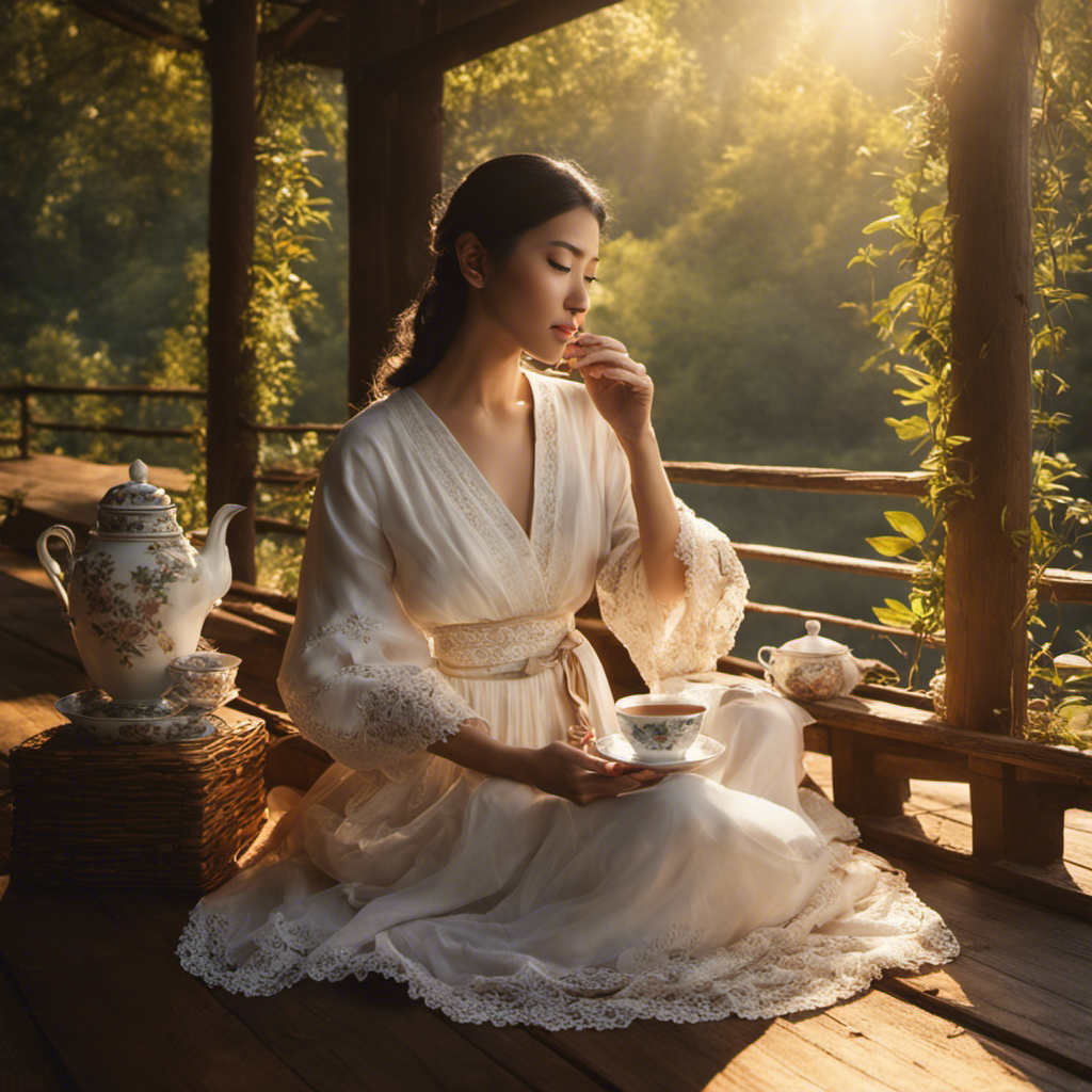 E image of a woman sitting cross-legged on a wooden deck, bathed in warm morning light, cradling a delicate teacup in her hands, steam gently rising from the fragrant oolong tea