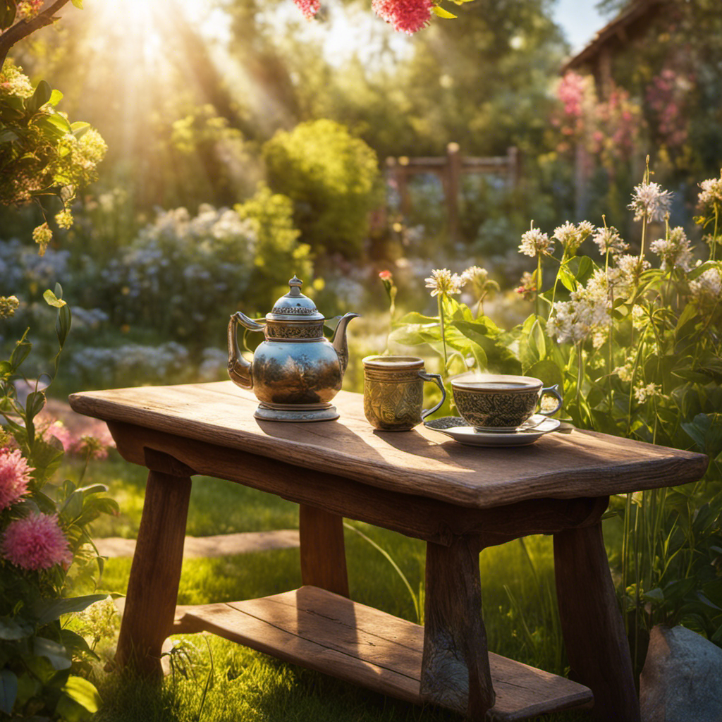 An image depicting a serene morning scene in a sunlit garden, with a steaming cup of Yerba Mate tea placed on a wooden table