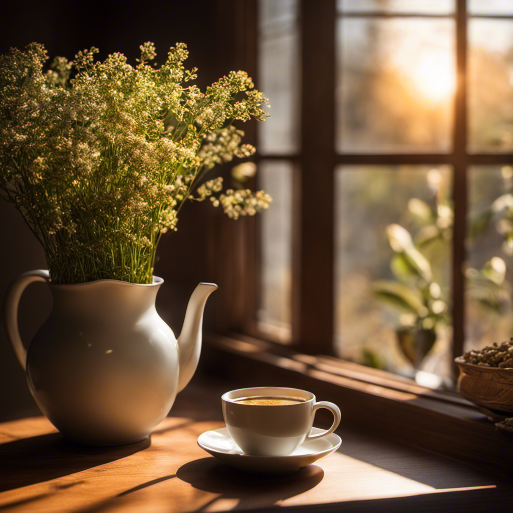 E image of a cozy living room with a warm cup of genmaicha placed on a wooden table