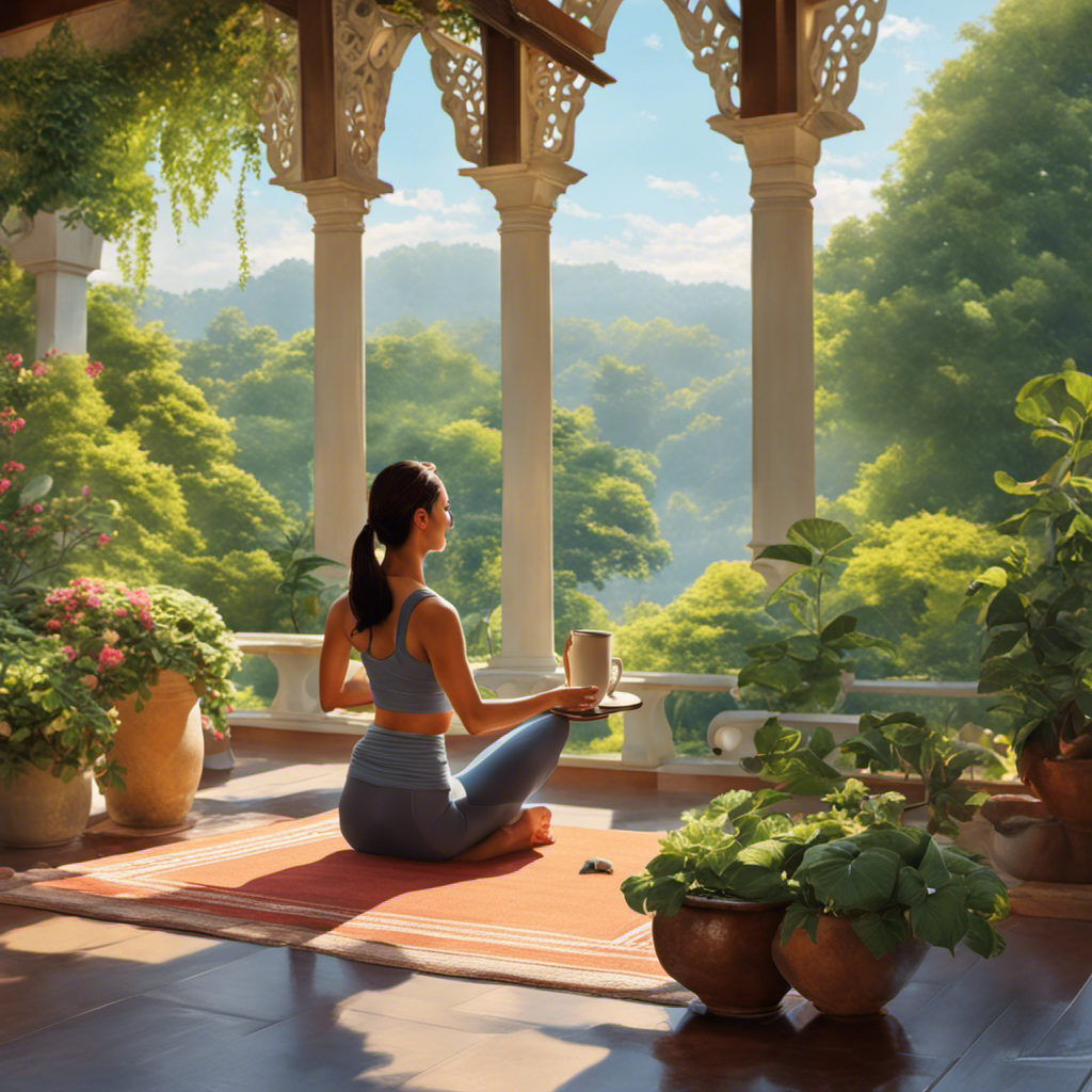 An image showcasing a serene morning scene with a woman in workout attire enjoying a cup of steaming oolong tea on a sun-drenched patio, surrounded by lush greenery and a yoga mat