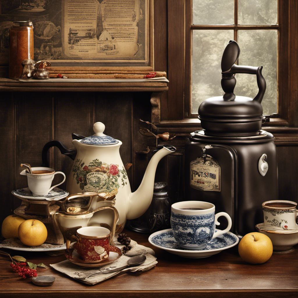 An image showcasing a vintage kitchen with a porcelain coffee pot, steaming with a rich, dark beverage