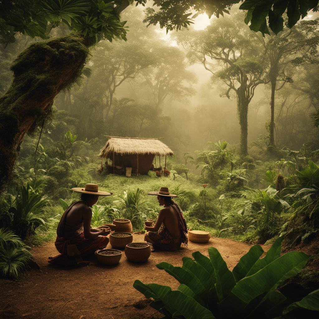 An image showcasing a serene, misty rainforest setting, with indigenous Guarani people gathering and preparing yerba mate leaves under the shade of ancient trees, evoking the historical origins of this traditional beverage