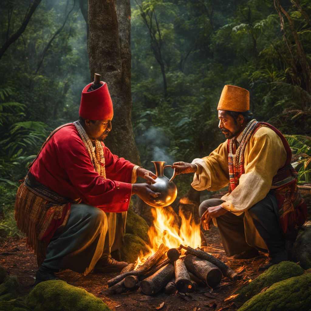 An image depicting two men in traditional attire, huddled around a fire in a dense South American forest