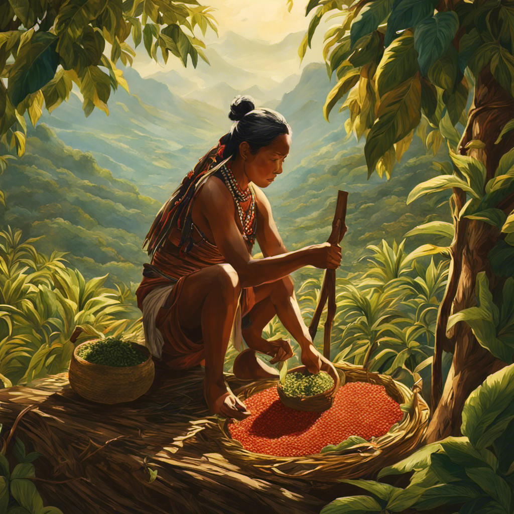 An image depicting a rustic, old-world scene: a native Guarani tribe member carefully harvesting yerba mate leaves from tall, flourishing trees, showcasing the origins of this ancient tea tradition