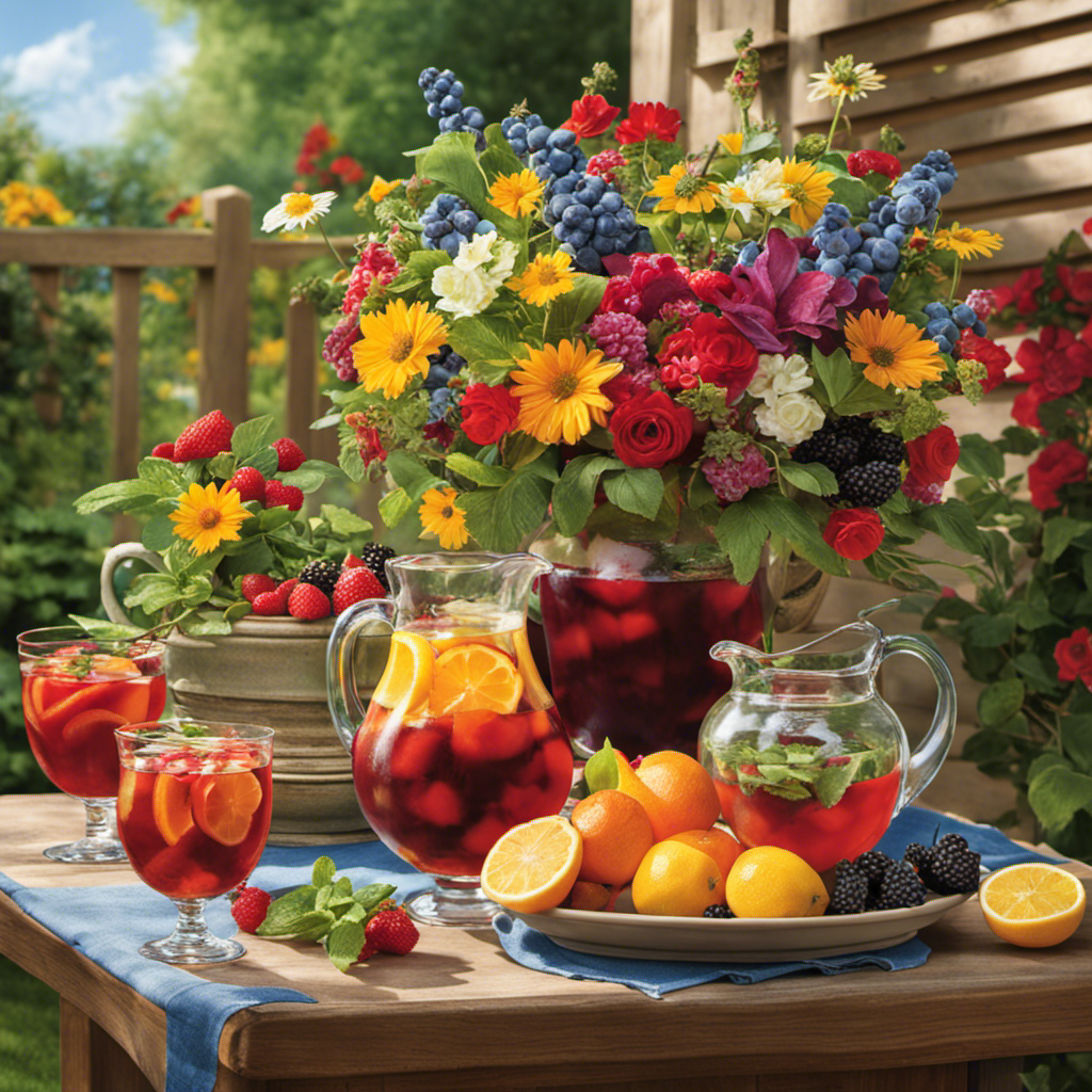An image showcasing a vibrant summer garden scene, with a sun-kissed patio table adorned with a pitcher of refreshing Sangria, brimming with mixed berries and fresh herbs, enticingly waiting to be enjoyed