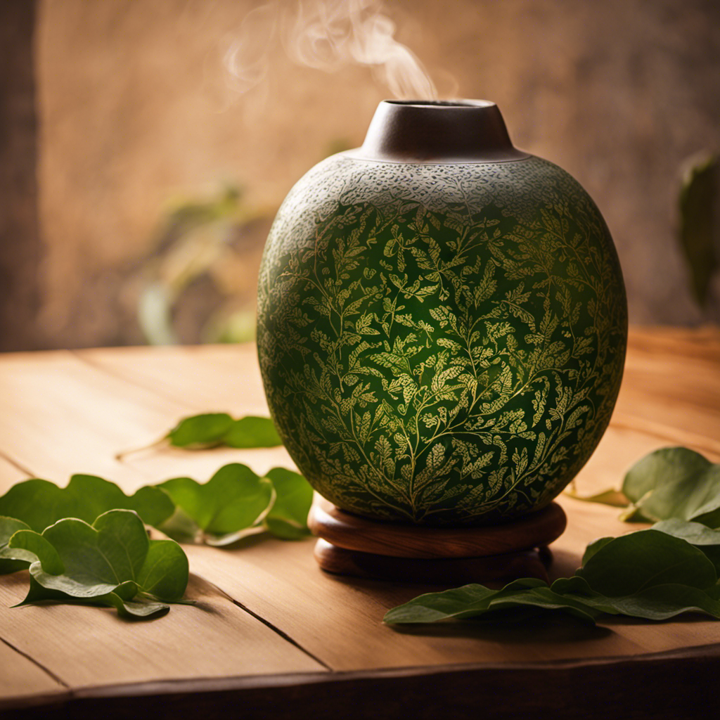 An image capturing the serene moment when a steaming yerba mate gourd, adorned with delicate green leaves, rests gently on a cozy wooden table in a dimly lit room, evoking a sense of tranquility as night falls