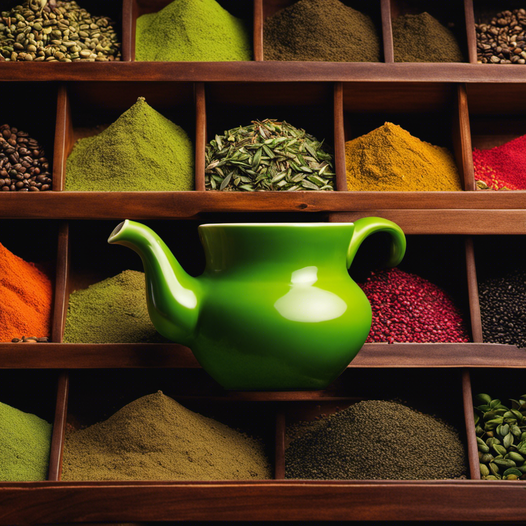 An image showcasing a hand reaching out for a steaming cup of yerba mate, only to be surrounded by vibrant, overflowing shelves of exotic teas, coffee beans, and matcha powder, symbolizing the search for more energy-giving alternatives