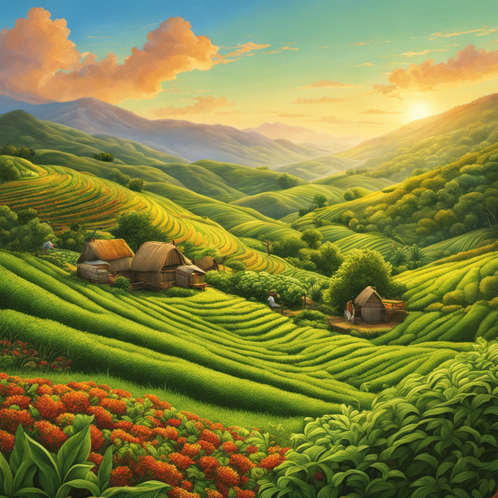 An image showcasing a lush, sun-kissed landscape with rolling hills, vibrant green yerba mate plants swaying in the breeze, and indigenous farmers carefully harvesting the leaves, capturing the origin of yerba mate