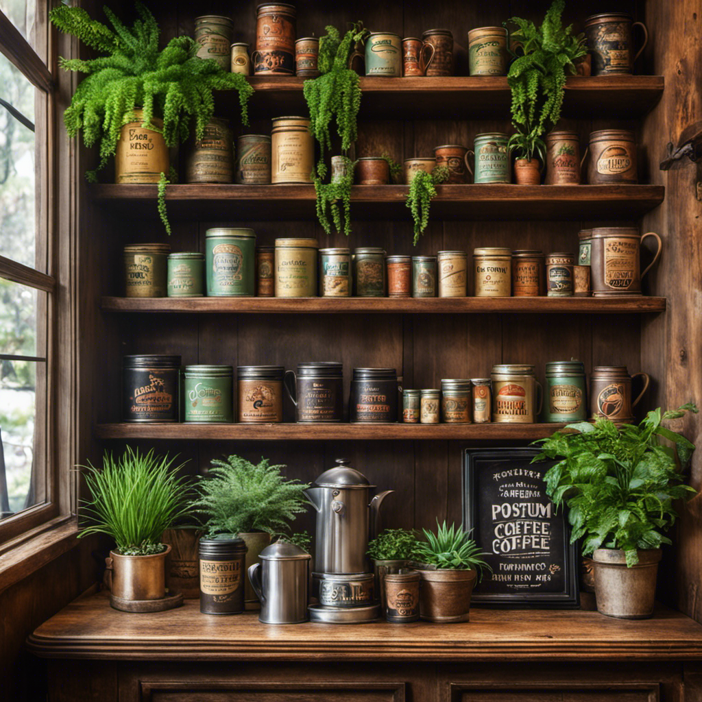 An image capturing the essence of a cozy coffee shop, with rustic wooden shelves displaying vintage Postum tins, surrounded by vibrant green plants and steaming mugs, inviting readers to explore where to buy Postum