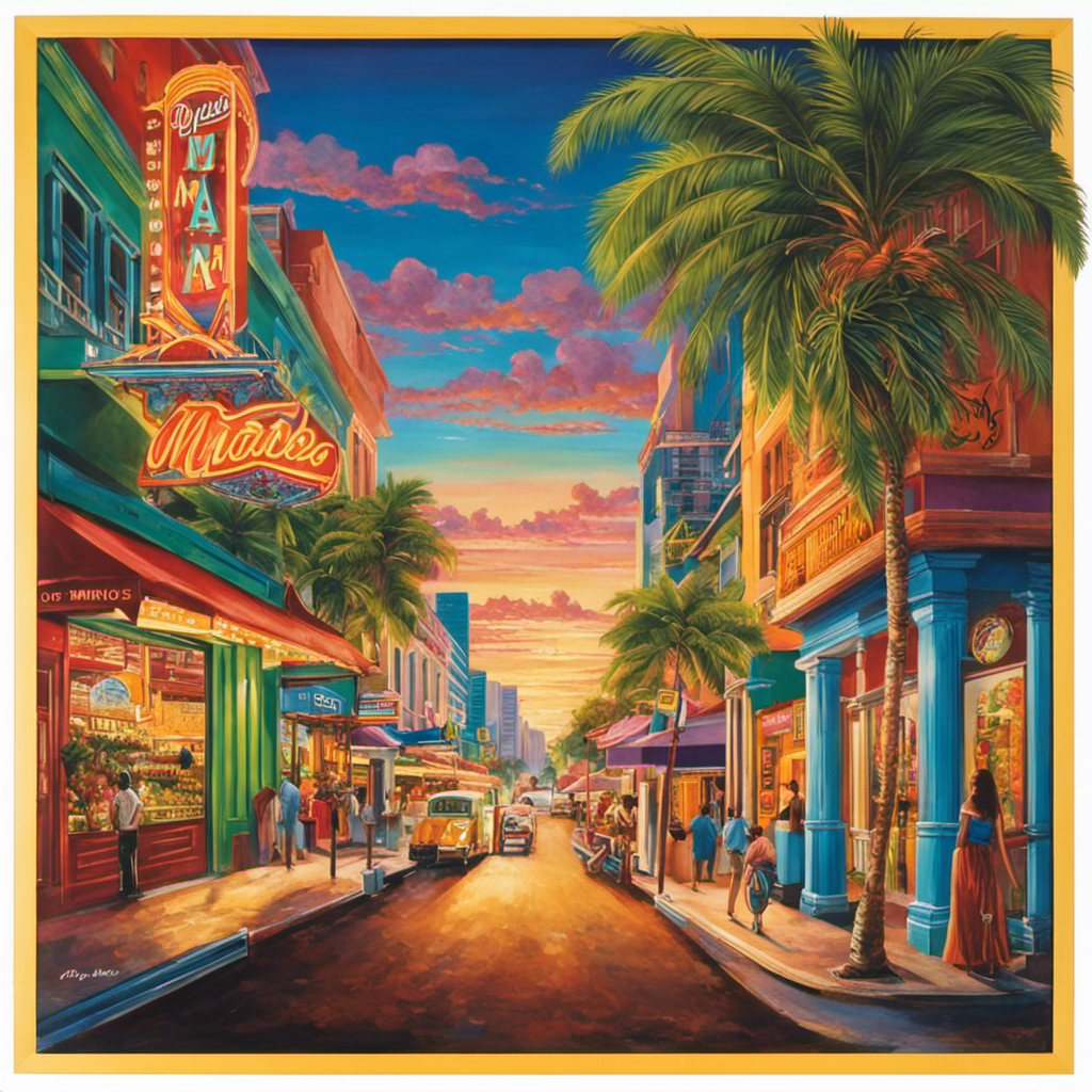 An image showcasing the vibrant streets of Miami, adorned with colorful storefronts and signs, where locals and tourists indulge in the rich aroma and tradition of Yerba Mate, capturing the essence of this beloved beverage
