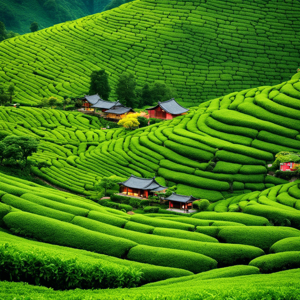 An image featuring a serene tea plantation nestled among mist-covered mountains