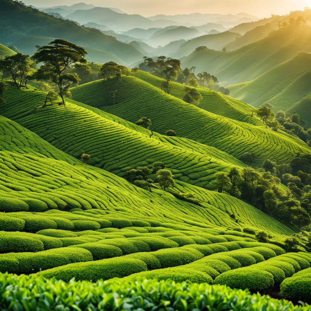 An image showcasing a serene tea plantation nestled amidst rolling hills, with the lush green leaves of Oolong tea plants glistening in the sunlight, inviting readers to explore the post on where to purchase this exquisite tea
