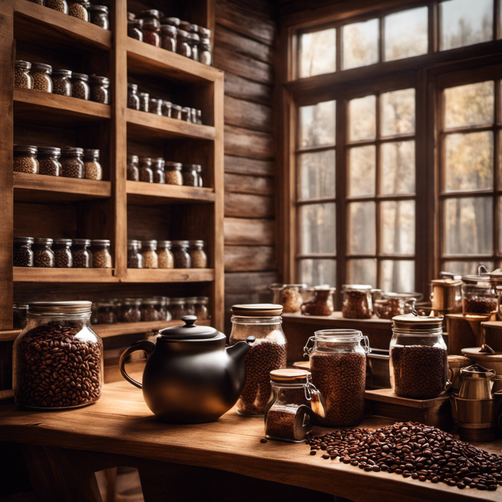 An image showcasing a cozy, rustic coffee shop with shelves filled with jars of rich, aromatic coffee beans, while in the foreground, a steaming cup of coffee-flavored Postum sits on a wooden table