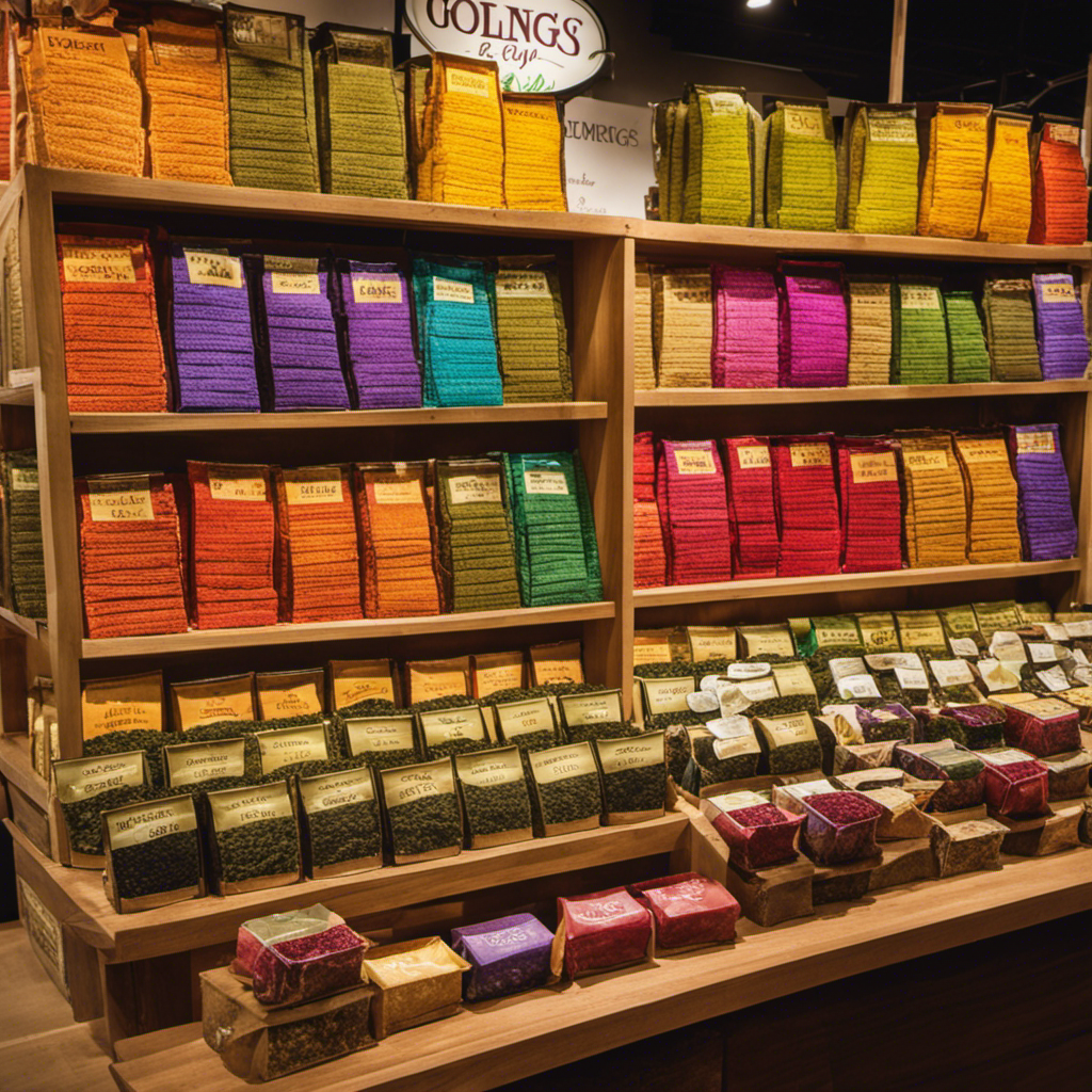 An image showcasing a vibrant farmers market stand in Salt Lake City, brimming with neatly arranged shelves of oolong tea bags