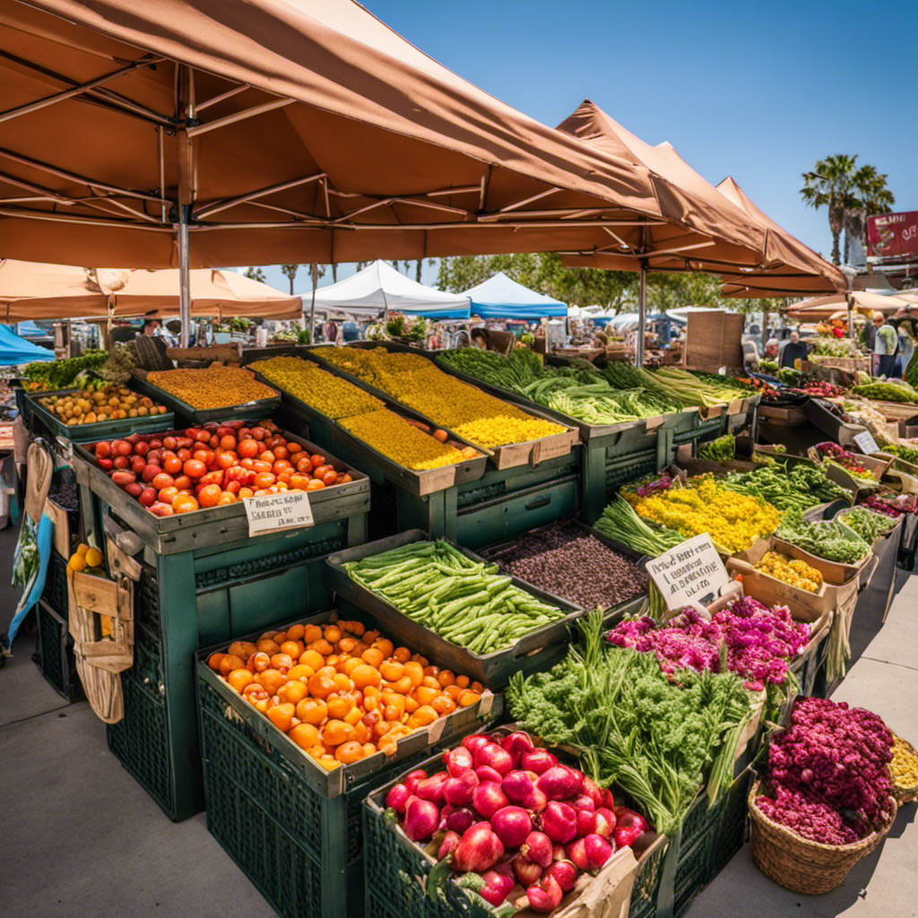 An image showcasing a vibrant local farmer's market in Huntington Beach, filled with colorful stalls displaying an array of herbal ingredients like chicory, dandelion, and barley