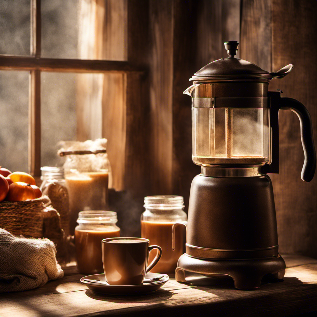 An image showcasing a cozy, rustic kitchen with a vintage coffee pot, filled with steaming Postum coffee