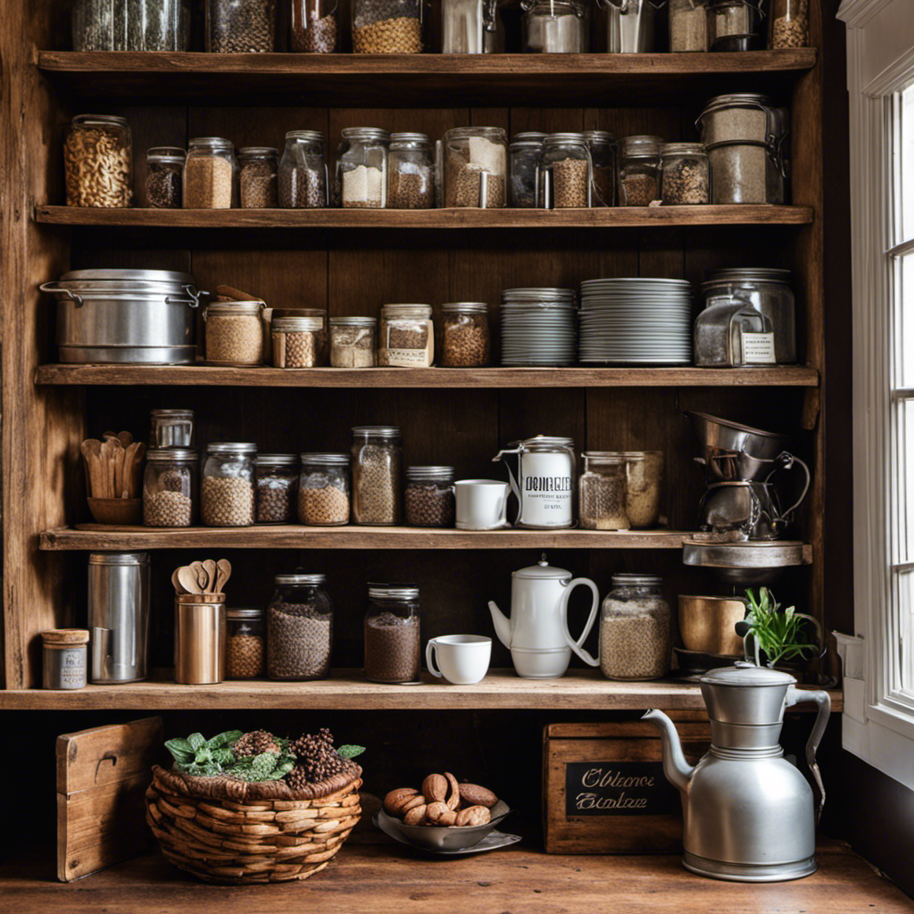 An image showcasing a cozy corner of an Ohio kitchen, featuring a rustic wooden shelf adorned with a variety of vintage coffee alternatives, prominently displaying a tin of Postum, inviting readers to explore where to buy it in Ohio