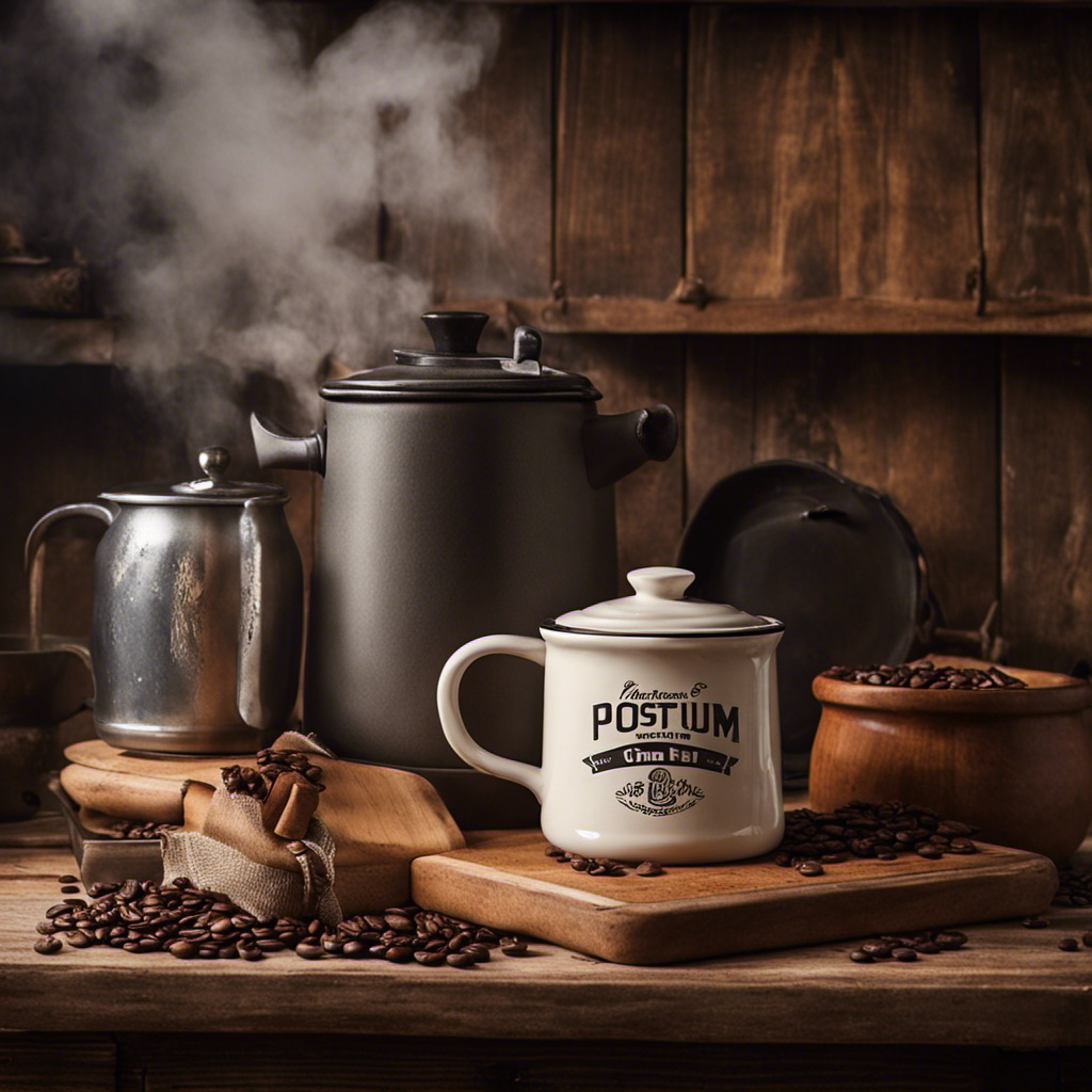 An image featuring a cozy kitchen scene, showcasing a vintage-style coffee mug filled with a steaming cup of Postum, resting beside a vintage canister labeled "Where Can I Buy Postum?" on a rustic wooden countertop